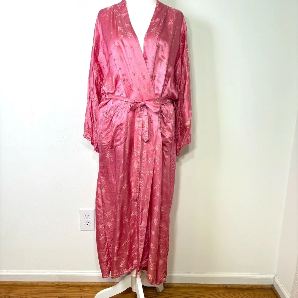 ESME Vintage Asian Oriental Embroidered Jacquard Long Silk Belted Kimono Robe M - Picture 8 of 16